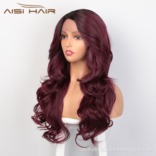 Aisi Hair New Design Long Wavy Ombre Red Wig Body Wave Swiss Lace Wig Cosplay Synthetic Lace Frontal Hair Wigs For Black Women